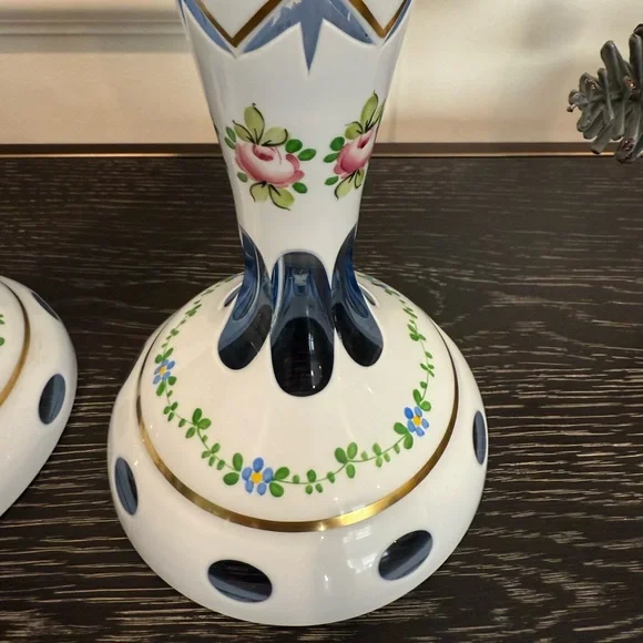 Vintage Pair CZECH BOHEMIAN Cut to Blue Glass Candlesticks